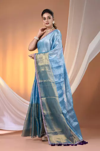 Turquoise blue shimmer tissue saree with gota patti borders