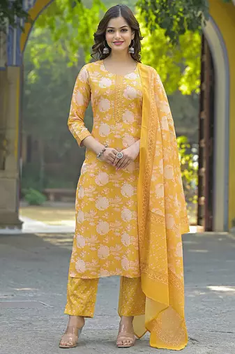 Women yellow rayon blend floral printed straight kurta trouser and dupatta