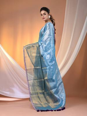 Turquoise blue shimmer tissue saree with gota patti borders 3