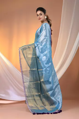 Turquoise blue shimmer tissue saree with gota patti borders