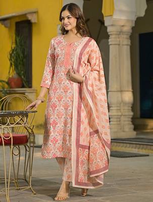 Women cream rayon blend floral printed straight kurta trouser and dupatta 2