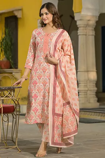 Women cream rayon blend floral printed straight kurta trouser and dupatta