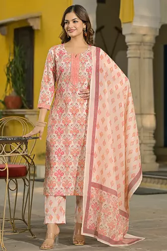 Women cream rayon blend floral printed straight kurta trouser and dupatta