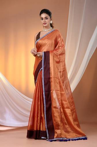 Red shimmer tissue saree with gota patti borders