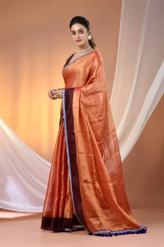 Red shimmer tissue saree with gota patti borders