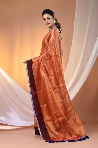 Red shimmer tissue saree with gota patti borders
