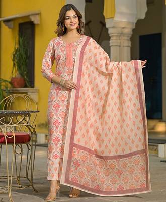 Women cream rayon blend floral printed straight kurta trouser and dupatta 5