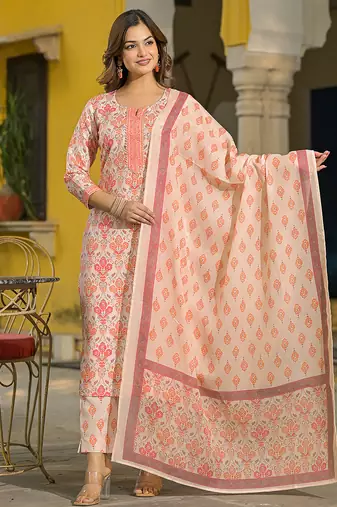 Women cream rayon blend floral printed straight kurta trouser and dupatta