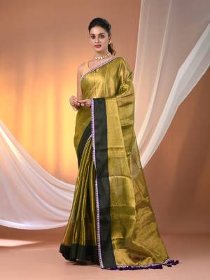 Sap green shimmer tissue saree with gota patti borders 1