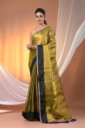 Sap green shimmer tissue saree with gota patti borders