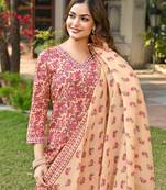 Women pink rayon blend floral printed straight kurta trouser and dupatta