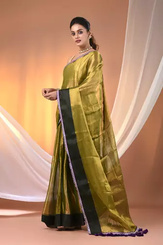 Sap green shimmer tissue saree with gota patti borders