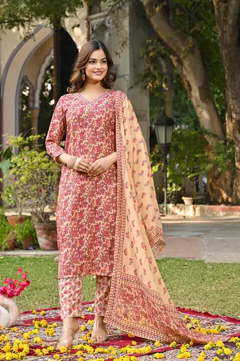 Women pink rayon blend floral printed straight kurta trouser and dupatta
