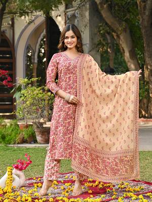 Women pink rayon blend floral printed straight kurta trouser and dupatta 3