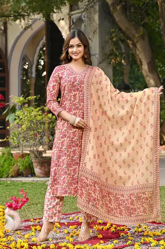 Women pink rayon blend floral printed straight kurta trouser and dupatta