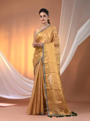 Beige shimmer tissue saree with gota patti borders 1