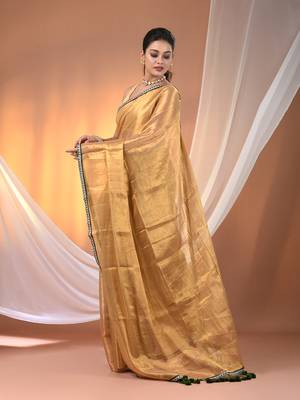 Beige shimmer tissue saree with gota patti borders 2