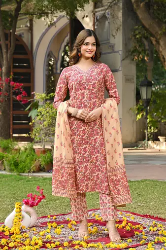 Women pink rayon blend floral printed straight kurta trouser and dupatta
