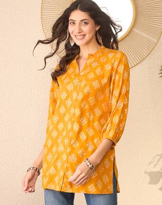 Women yellow cotton blend floral printed regular top 1
