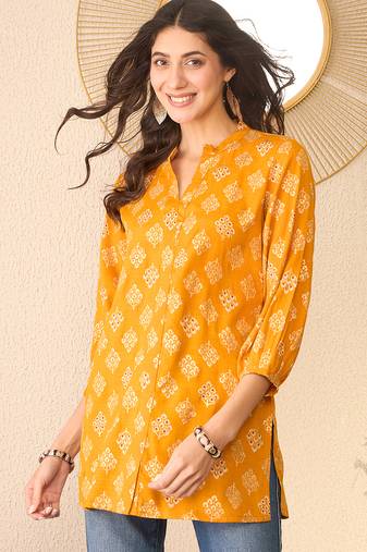 Women yellow cotton blend floral printed regular top