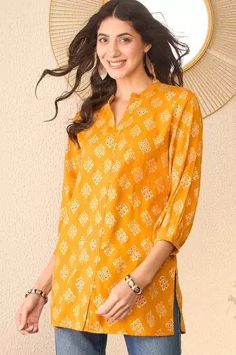 Women yellow cotton blend floral printed regular top