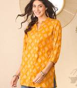 Women yellow cotton blend floral printed regular top