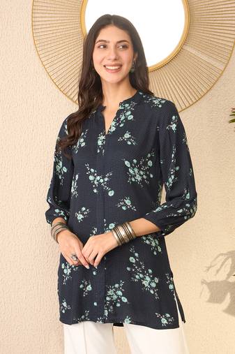 Women navy blue rayon blend floral printed regular top