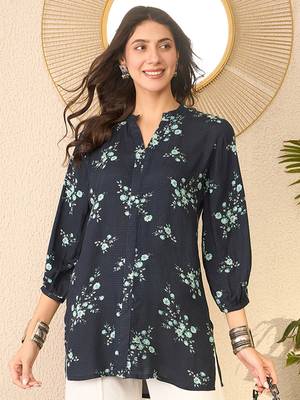 Women navy blue rayon blend floral printed regular top 1
