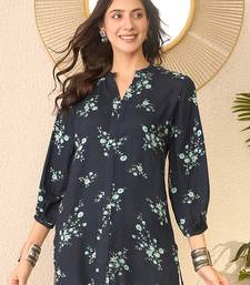 Women navy blue rayon blend floral printed regular top
