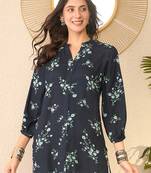 Women navy blue rayon blend floral printed regular top