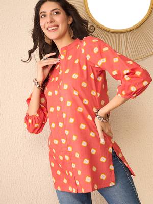 Women orange cotton blend shibori printed regular top 1