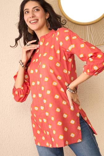 Women orange cotton blend shibori printed regular top