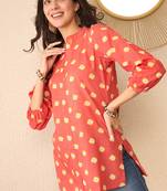 Women orange cotton blend shibori printed regular top