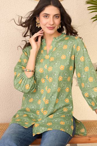 Women green cotton blend floral printed regular top