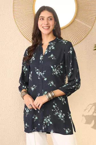 Women navy blue rayon blend floral printed regular top