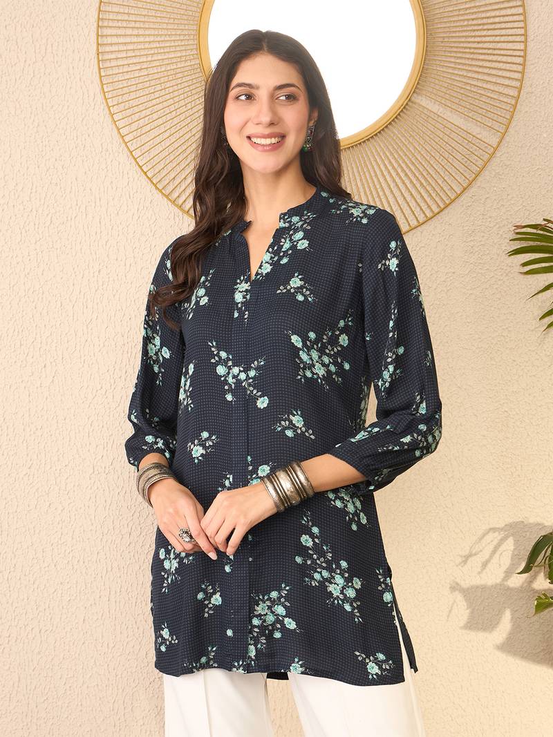 Women navy blue rayon blend floral printed regular top
