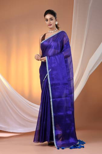 Blue shimmer tissue saree with gota patti borders