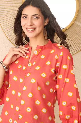 Women orange cotton blend shibori printed regular top