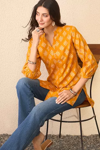 Women yellow cotton blend floral printed regular top