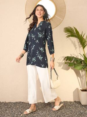 Women navy blue rayon blend floral printed regular top 3