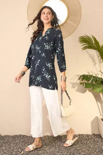 Women navy blue rayon blend floral printed regular top