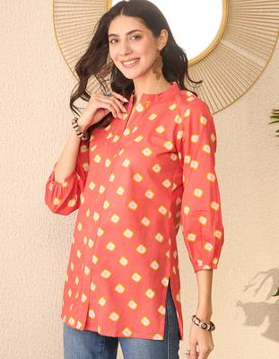 Women orange cotton blend shibori printed regular top 3