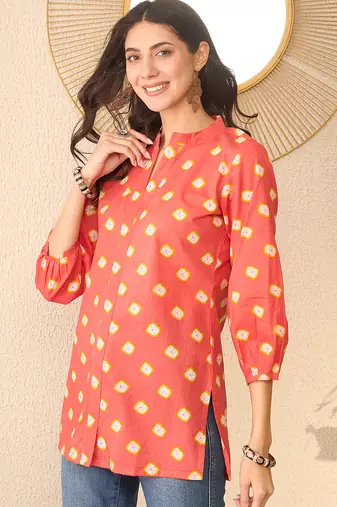 Women orange cotton blend shibori printed regular top