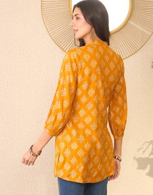 Women yellow cotton blend floral printed regular top 4
