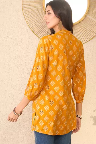 Women yellow cotton blend floral printed regular top