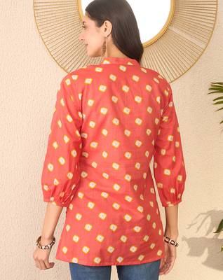 Women orange cotton blend shibori printed regular top 4