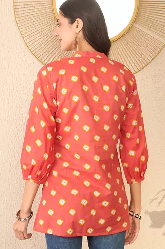 Women orange cotton blend shibori printed regular top