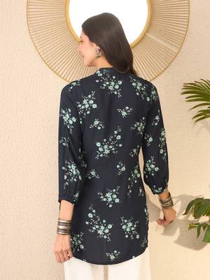 Women navy blue rayon blend floral printed regular top 4