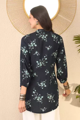 Women navy blue rayon blend floral printed regular top