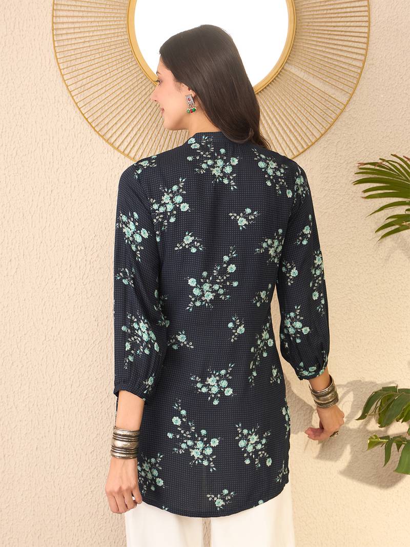 Women navy blue rayon blend floral printed regular top